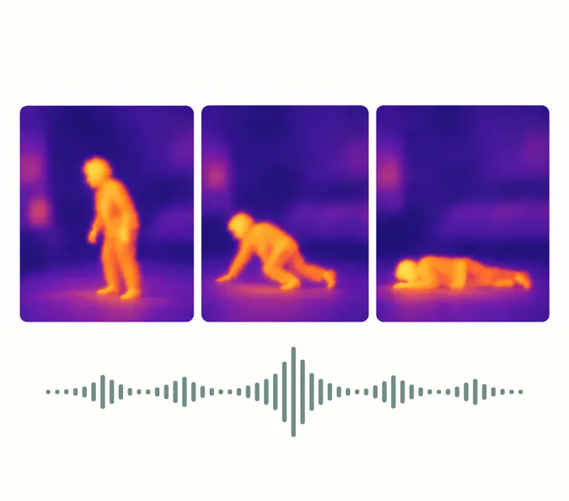 Illustrative thermal sequence of a person falling, with softened room backgrounds and a sound waveform
