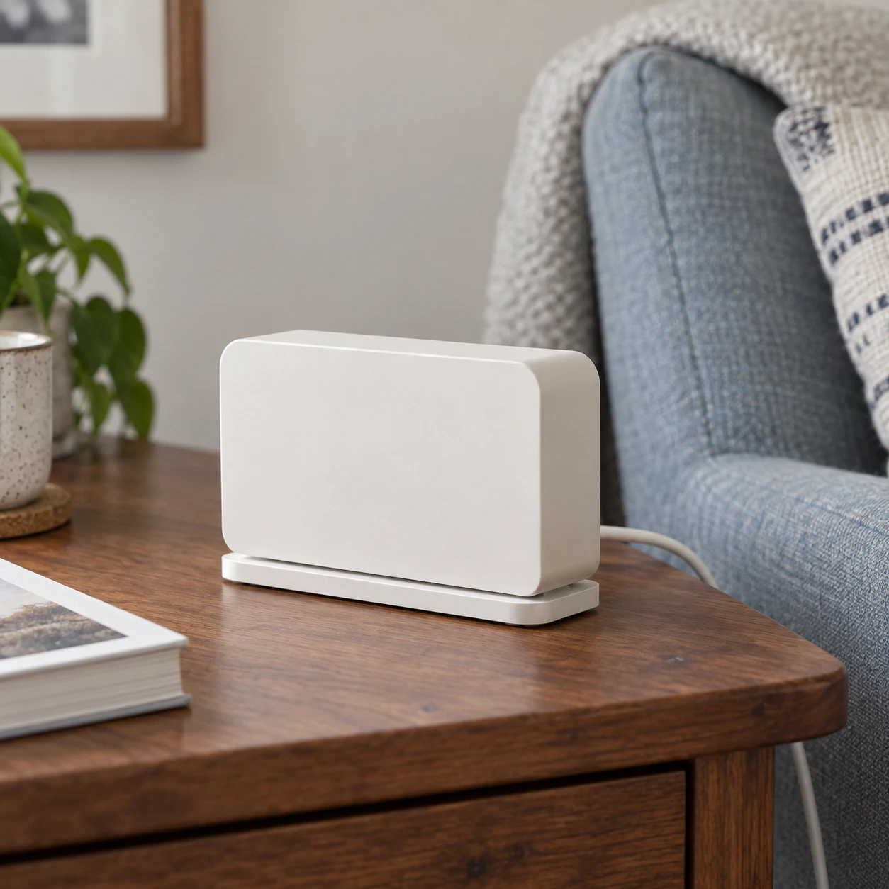 A pod on a wooden side table beside an armchair, with its power cable running behind the table