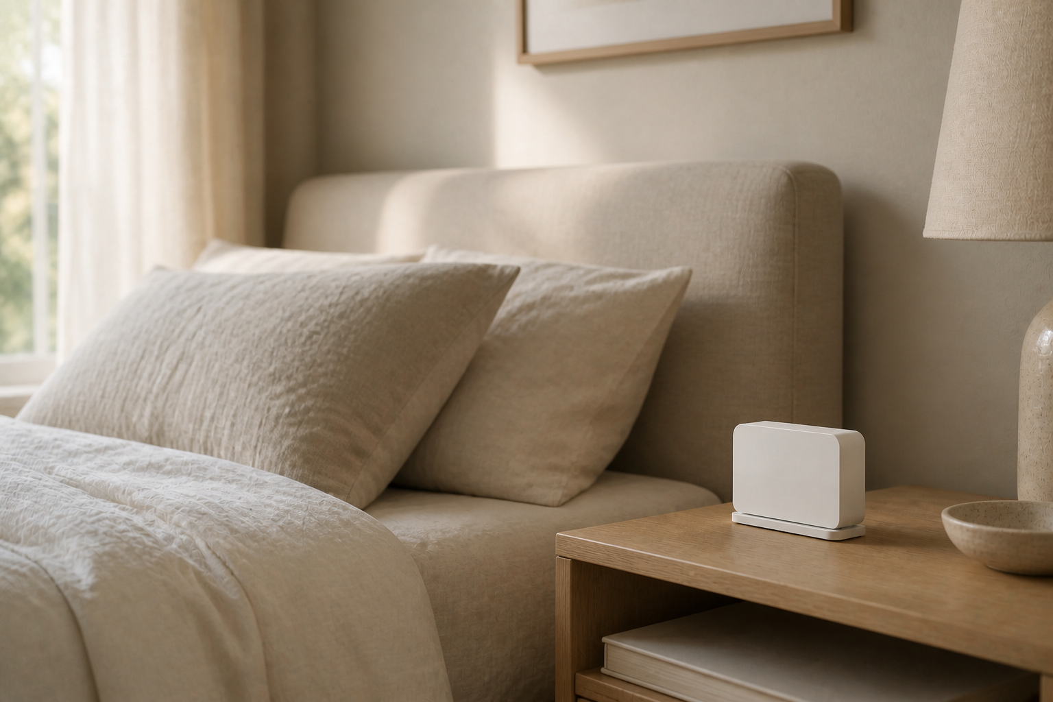 Small Senecta pod placed discreetly on a bedroom side table