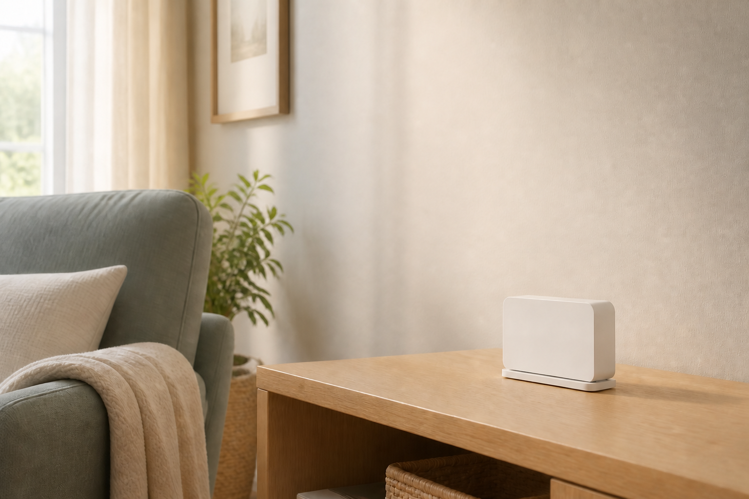 A compact Senecta pod placed discreetly on a living-room side table