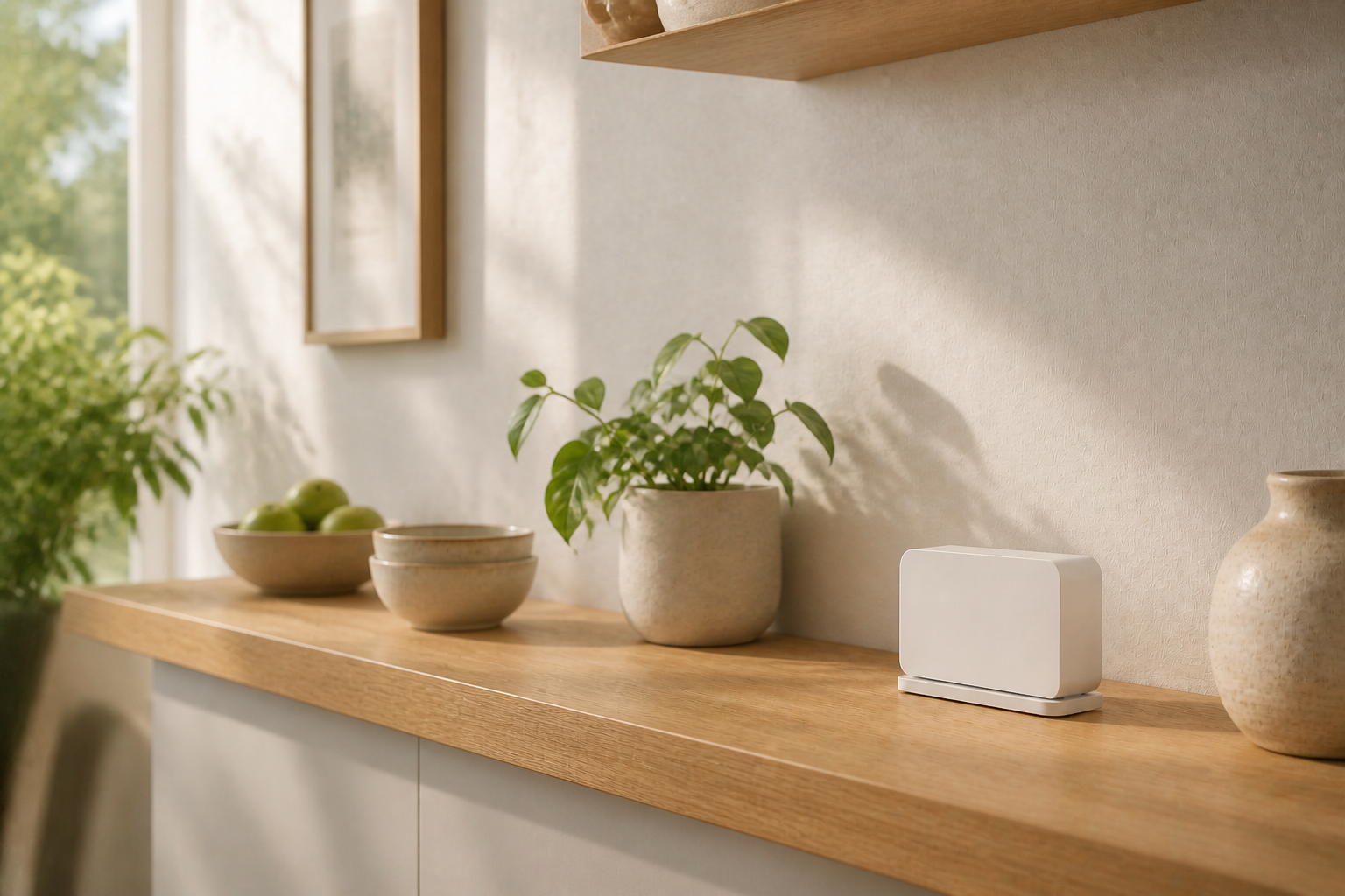 Small Senecta pod placed on a warm wooden kitchen counter