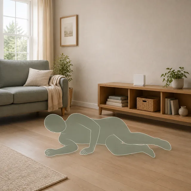 A simple human silhouette lying on a living-room floor, with a small Senecta Pod on the bookshelf