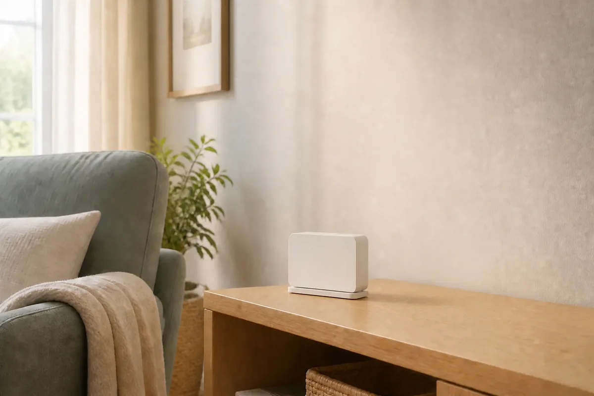 The first Senecta pod, a white box on a living-room side table
