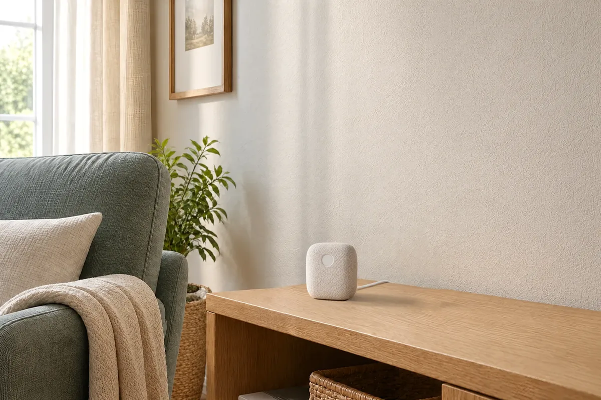 Senecta Pod 2.0, a soft white knit pod with a round window, on the same side table